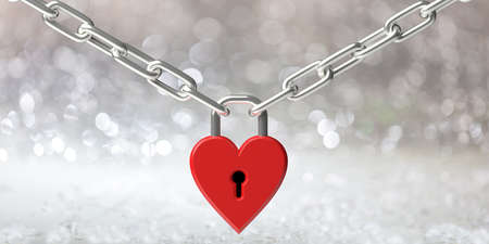 Love concept. Locked red color heart shaped padlock joins metal chain against bokeh, white blurred abstract background, 3d illustrationの写真素材