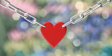 Love concept. Locked red color heart shaped padlock joins metal chain against bokeh, colorful...