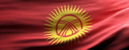 Kyrgyzstan sign symbol. Kyrgyzstan national flag waving texture background, banner. 3d illustrationの写真素材