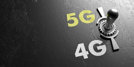 4G 5G concept. Retro electric control switch against old industrial black background, 4G 5G text,...