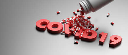 Covid19  medication. Medicine capsules, Coronavirus infection therapy concept. Pills and text coronavirus against gray background. 3d illustrationの写真素材