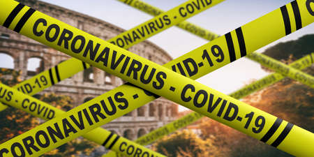 Covid19 coronavirus quarantine in Italy. Pandemic virus outbreak spread in Italy concept. Text on yellow warning stripes, Colosseum Rome landmark background. 3d illustrationの写真素材