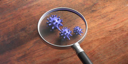 COVID 19 Coronavirus detection. Medical magnifying glass on virus strains on wood background. Covid19 disease tracking concept, 3d illustrationの写真素材
