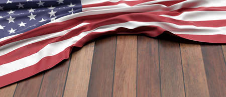 US of America flag. US sign symbol placed on wooden table background. American Union languages,...