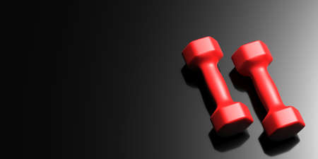 Dumbbells Fitness pair. Two red color dumbbell weights isolated against black background. Training workout gym equipment. 3d illustrationの写真素材