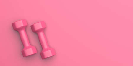 Fitness dumbbells pair. Two pink color female dumbbell weights isolated against pink background. Woman training workout equipment, top view. 3d illustrationの写真素材