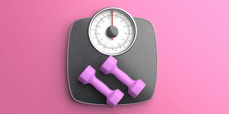 Weight loss, fitness concept. Bathroom scale and pair of dumbbells against pink color background, top view. Weight control, healthy lifestyle equipment, 3d illustrationの写真素材