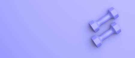 Dumbbells Fitness pair. Two blue color dumbbell weights isolated against pastel blue background. Training workout gym equipment, monochrome top view. 3d illustrationの写真素材