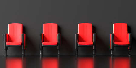 Social distancing concept. Empty red chairs in a dinstance on black background. Keep distance to protect Covid19 coronavirus outbreak spread, 3d illustrationの写真素材