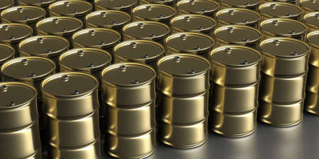 Oil barrels gold color background. Crude oil fuel energy industrial concept. 3d illustration