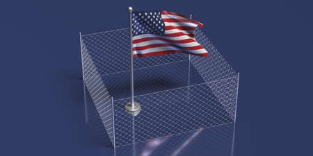 USA closed borders concept. US America flag on pole fenced with wire mesh, blue background. COVID 19 pandemic quarantine, 3d illustrationの写真素材