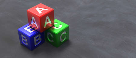 School, preschool, kids education concept. Abc letters on colorful cubes on black chalkboard...