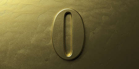Zero, number 0. Gold glossy color digit 0 on golden metal luxury background. Font for anniversary, party celebration. 3d illustrationの写真素材