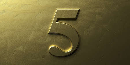 Five, number 5. Gold glossy color digit 5 on golden metal luxury background. Character font for anniversary, party celebration. 3d illustrationの写真素材