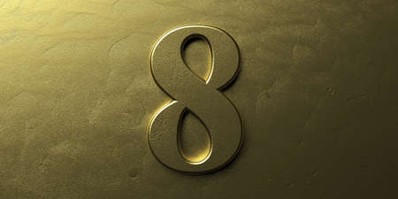 Eight, number 8. Gold glossy color digit 8 on golden metal luxury background. Character font for anniversary, party celebration. 3d illustrationの写真素材