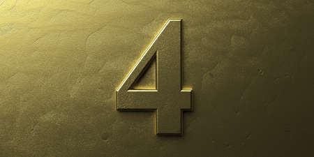Four, number 4. Gold glossy color digit 4 on golden metal luxury background. Character font for anniversary, party celebration. 3d illustrationの写真素材