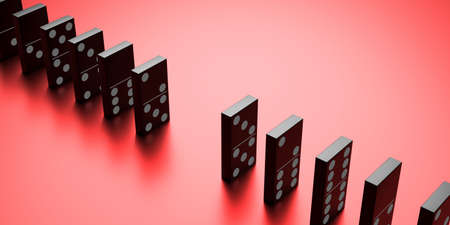 Domino tiles standing in a line on red background. Business strategy, balance, domino effect concept. 3d illustrationの写真素材