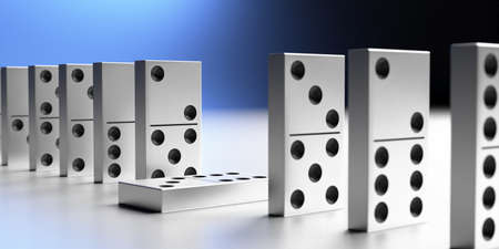 Domino tiles standing in a line, one fell down. Business strategy, balance, domino effect concept. 3d illustrationの写真素材
