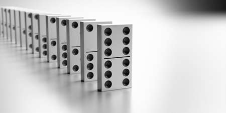 Domino tiles standing in a line on white background. Business strategy, balance, domino effect concept. 3d illustrationの写真素材