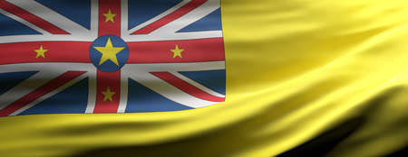 Niue sign symbol, national flag waving texture background, Niue language, culture concept, banner. 3d illustrationの写真素材