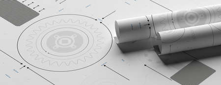 Technical drawings background. Mechanical engineering, industrial plan design, banner. 3d illustrationの写真素材