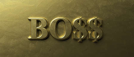 Boss word with dollar sign on S. Chief concept. Inflated gold color text on luxury gold background, texture, banner. 3d illustrationの写真素材