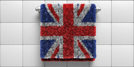 UK flag bath towel hanging on white tile wall background. Sanitary, hygiene, health care in United Kingdom concept. Coronavirus covid 19 protection in Great Britain. 3d illustrationの写真素材