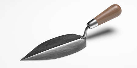 Metal trowel hand tool with wooden handle isolated on white background. Industrial silver color...