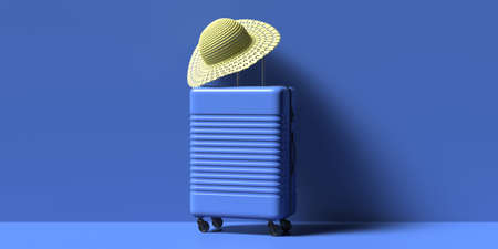 Straw hat on trolley suitcase, blue wall and floor background. Summer destinations travel accessories, traveler for summer vacations. 3d illustrationの写真素材