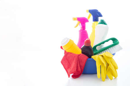 Cleaning products isolated against white background. Plastic chemical detergent bottles and...