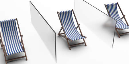 COVID 19 protection on beach vacation. Separation, social distancing at summer holidays. Deckchairs separated by glass partitions on white background. 3d illustrationの写真素材