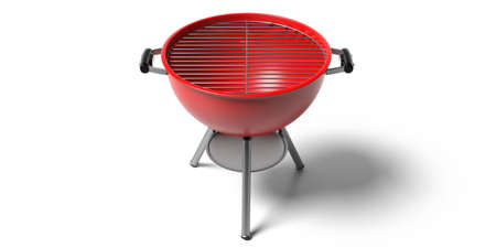 Barbecue red color, round shape isolated against white background. BBQ grill, portable appliance for cookout, outdoor grilling meat food. 3d illustrationの写真素材