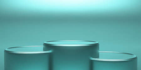 Product display podium empty, round shape, monochrome green blue color. Stands set for presentation, showroom template. 3d illustrationの写真素材