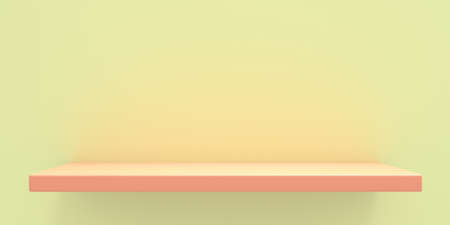 Empty shelf orange peach color on yellow wall background. Pastel colors room interior, display template. 3d illustrationの写真素材