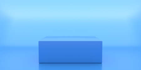 Product display empty, block shape, blue color, blue background. Showcase, product presentation template. 3d illustrationの写真素材
