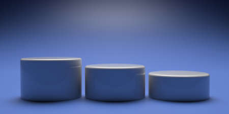 Product display podium empty, round shape, monochrome blue color. Stands set for presentation,...