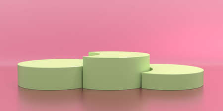 Product display podium empty, round shape, yellow color on pink background. Stands set for presentation, showroom template. 3d illustrationの写真素材