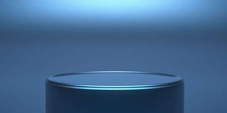 Podium stand empty, round shape, monochrome dark blue color. Product presentation, showroom template. 3d illustrationの写真素材