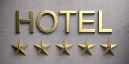 Hotel 5 stars gold color sign. Shiny brass text and five stars on concrete stone background, luxury hotel. 3d illustrationの写真素材