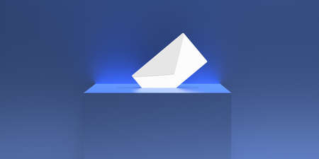 Election, voting concept. White color paper envelope in blue ballot box slot against blue background. 3d illustrationの写真素材