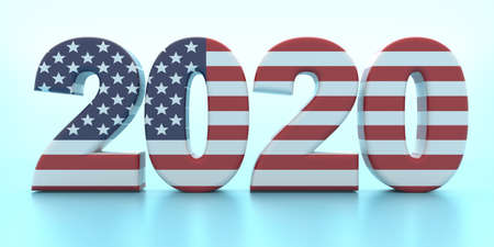 2020 US America election day concept. 2020 with USA flag colors against pastel blue background. 3d...