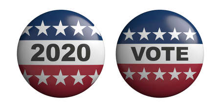 Vote on 2020 US America election day concept. VOTE and 2020 on round pin badges isolated against...