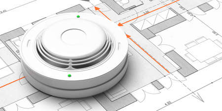 Fire safety system, emergency evacuation plan. Smoke detector on blueprint drawing background. Fire...