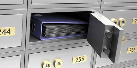 Safe deposit box closeup. Office ring binder in an open metal bank locker. Confidential business...