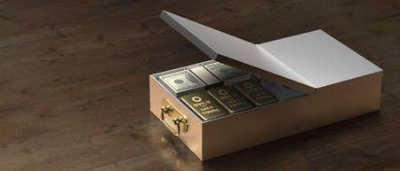 Safe deposit drawer full of money cash and gold ingots on a wooden table background. Bank safe valuables concept. 3d illustrationの写真素材