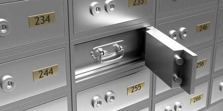 Safe deposit box closeup. Open unlock metal solid locker and drawer, valuables and jewels bank safe...