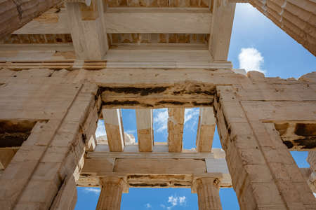 Athens Acropolis, Greece landmark. Ancient Greek Propylaea entrance gate ceiling and columns low...