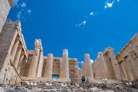 Athens Acropolis, Greece landmark. Propylaea entrance gate, Ancient Greek pillars and stairs, low...