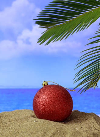 Xmas summer holidays concept. Christmas bauble on a sandy beach with palm tree, blue sky and sea background. Vertical photoの写真素材