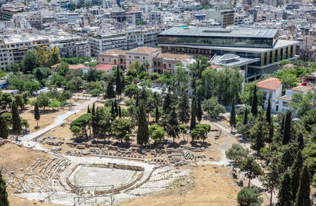 Athens Acropolis museum, new modern building and ancient Dionysus theater, view from Acropolis hill. Attica, Greeceのeditorial素材